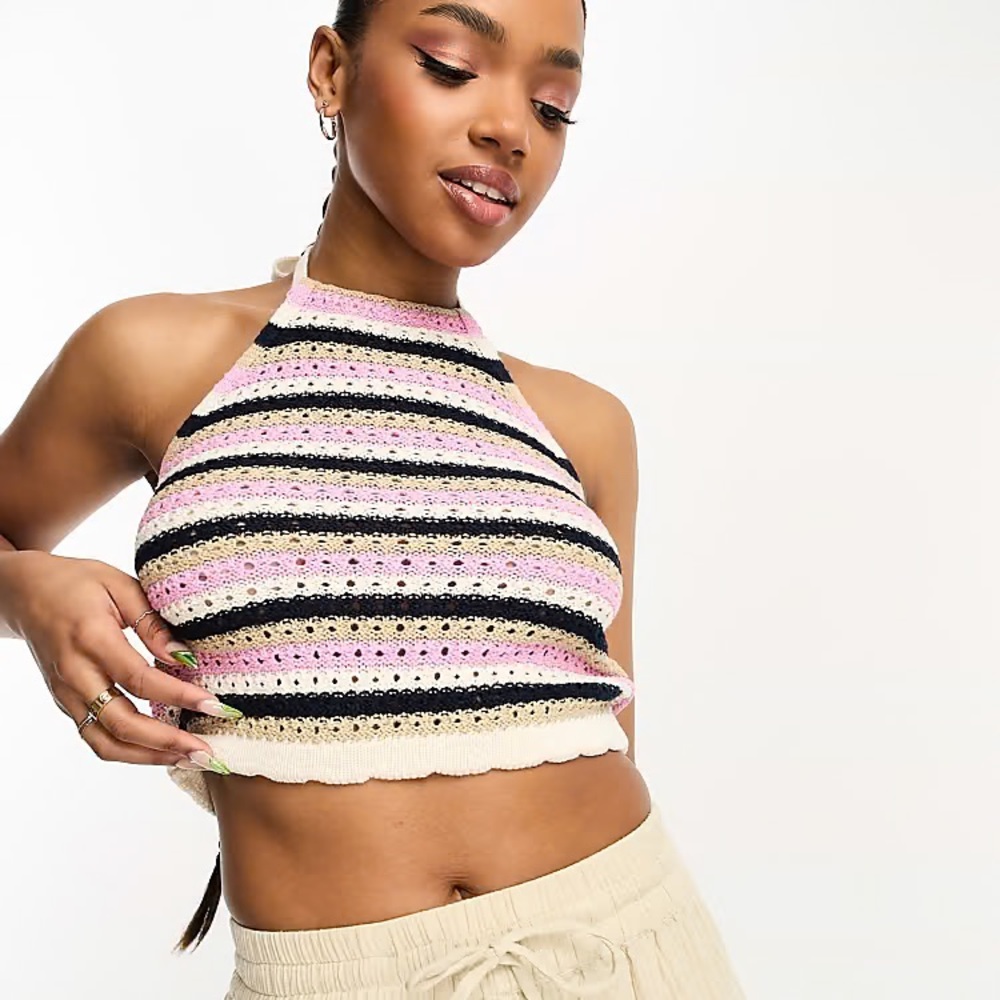 Vero Moda Tank Top Crochet Crop Halter Pink Tan Black White Stripe Womens Medium